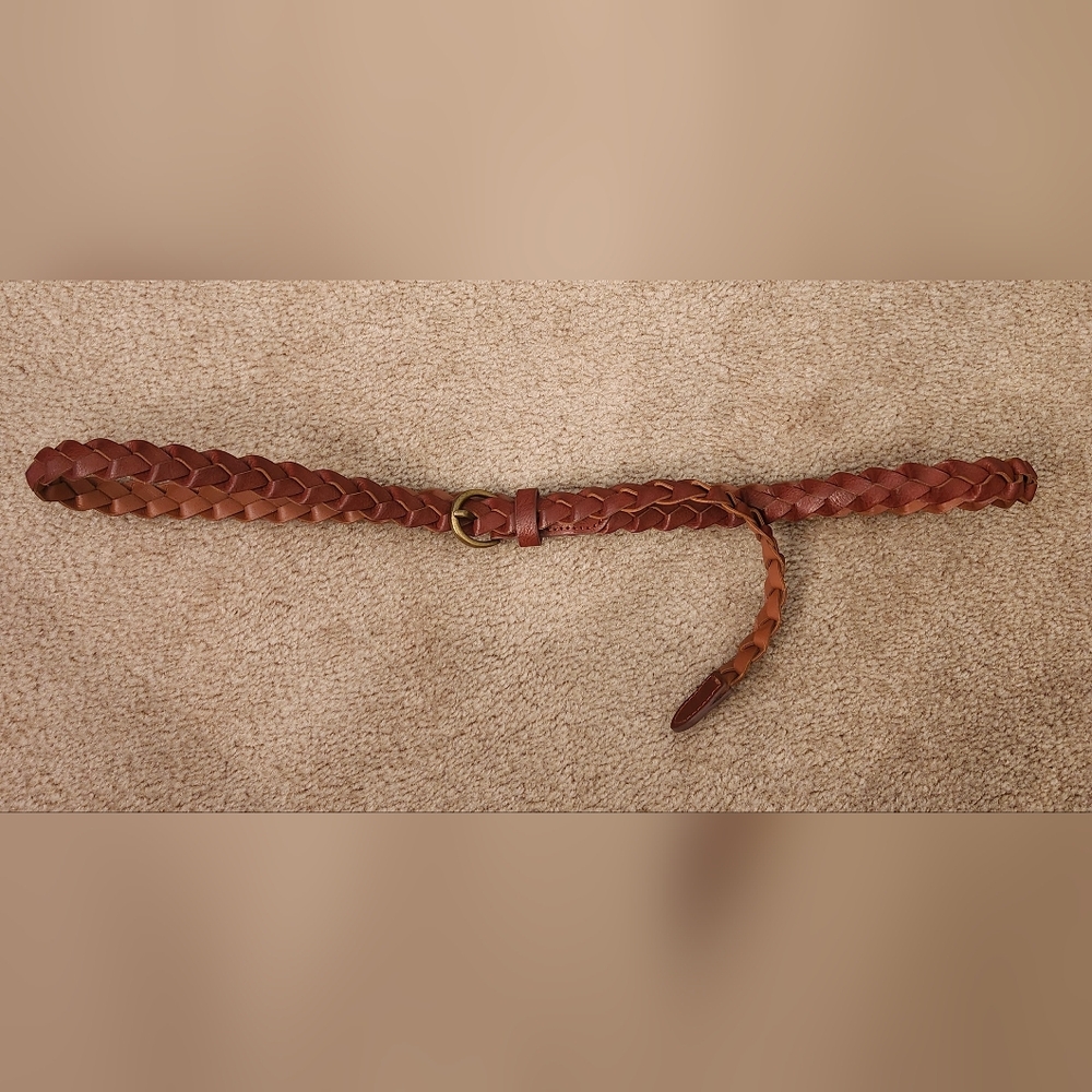 Braided Brown Leather Belt with Brass Buckle